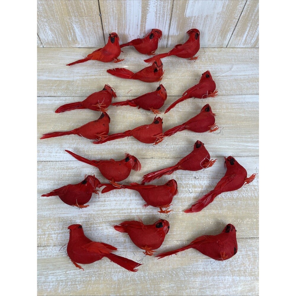 Vintage Feathered Red Cardinal Bird Christmas Ornaments Lot Of 18